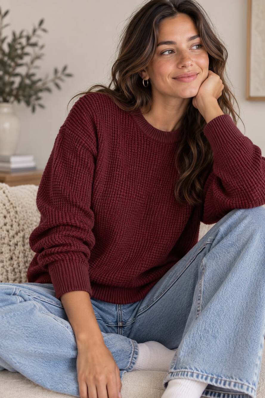 H&M Crew Neck Sweater Size L Burgundy Ribbed Knit Pullover
